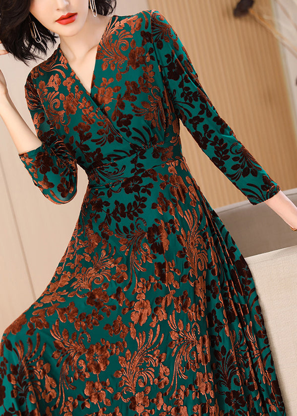 Surplice V-Neck Three-Quarter Sleeve Floral Burnout Pleated Full Skirt Gown