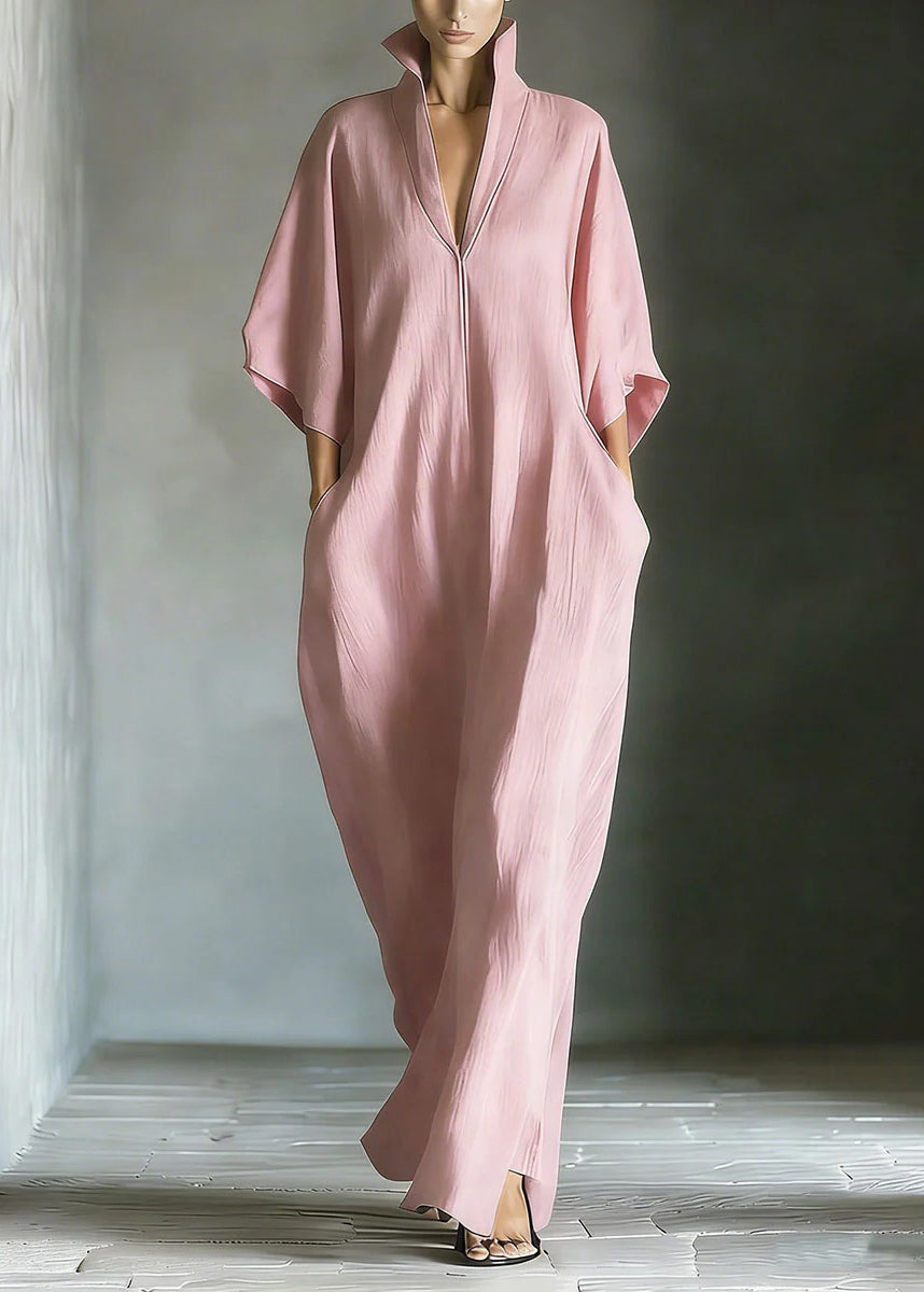 Mandarin Collar Deep V Neck Kimono Sleeve Wide Leg Linen Jumpsuit