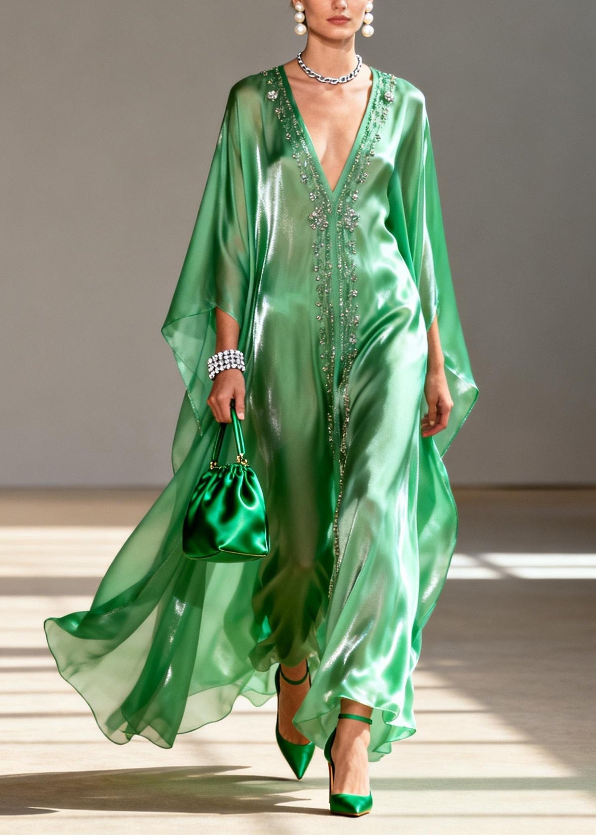 Deep V Neck Crystal Embroidered Satin Cape Sleeve Kaftan Maxi Dress