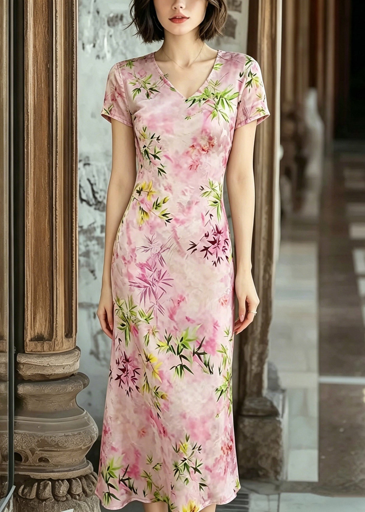 V-Neck Cap Sleeve Slim Fit Bamboo Floral Print Cheongsam Midi Dress