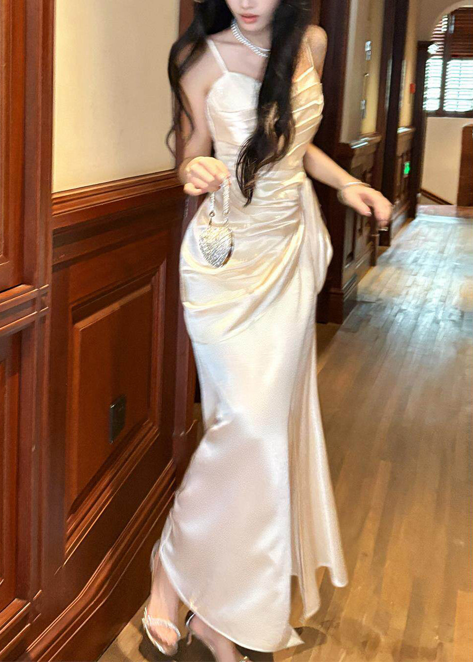Ruched Draped Waist Spaghetti Strap Satin Maxi Gown