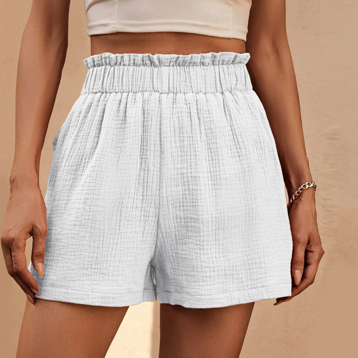 Cotton Double Layered Pleats Hem Straight Leg High Waist Sports Short