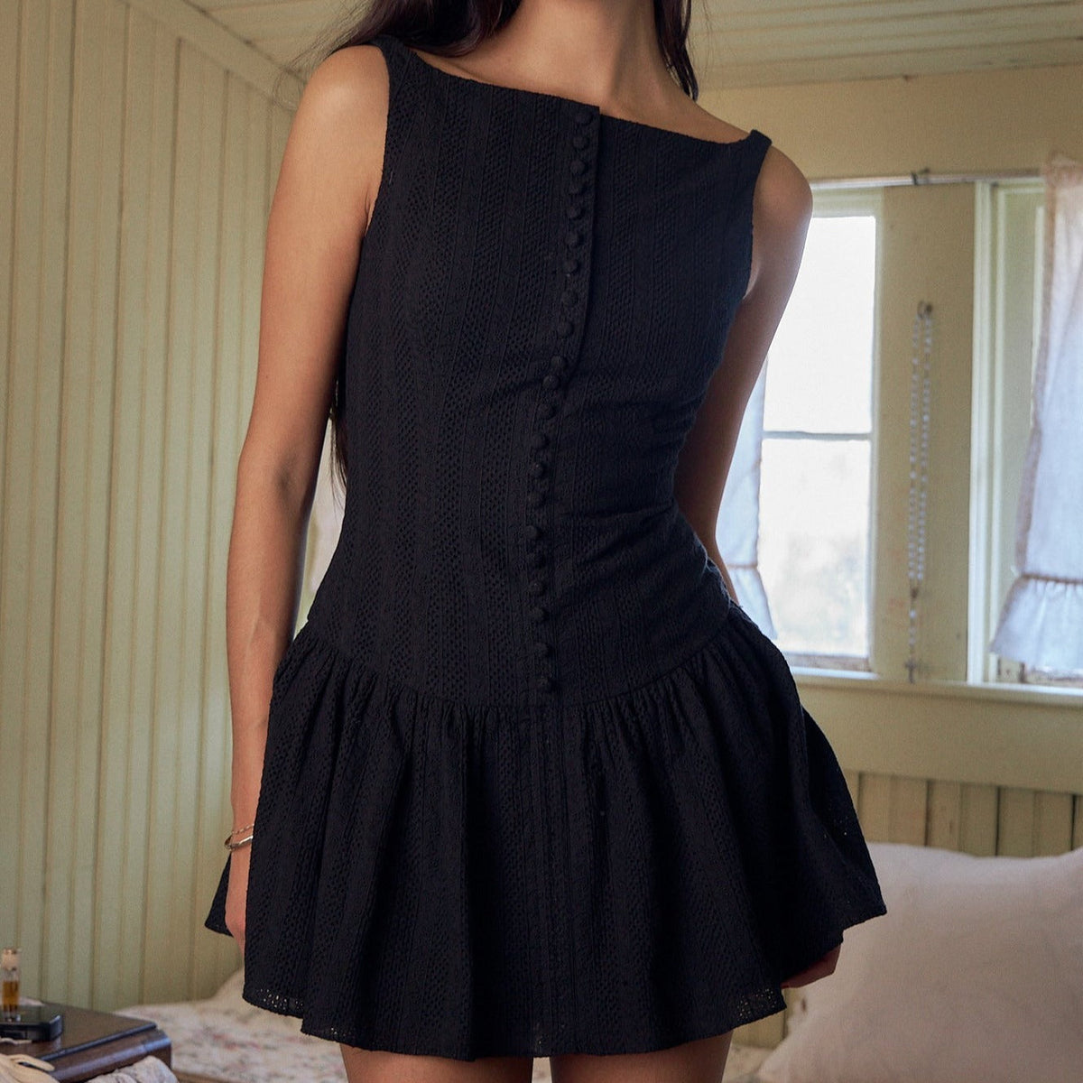 Pointed Collar Button Front Textured Eyelet Fit and Flare Mini Dress
