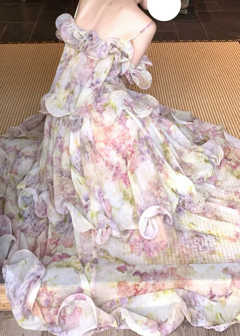 Spaghetti Strap Off Shoulder Floral Tiered Ruffle Maxi Gown