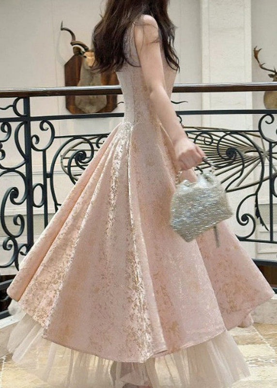 Bow Neck Embossed Jacquard Tulle Hem A Line Maxi Gown