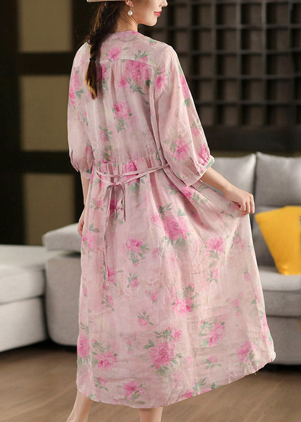 Round Neck Button Placket Three Quarter Sleeve Floral Empire Waist Midi Dress