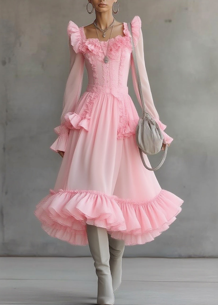 Square Neck Ruffle Shoulder Tiered Organza Ruffle Hem Midi Dress
