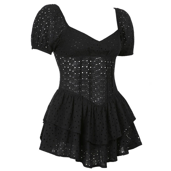 Sweetheart Eyelet Lace Puff Sleeve Corset Tiered Ruffle Mini Dress