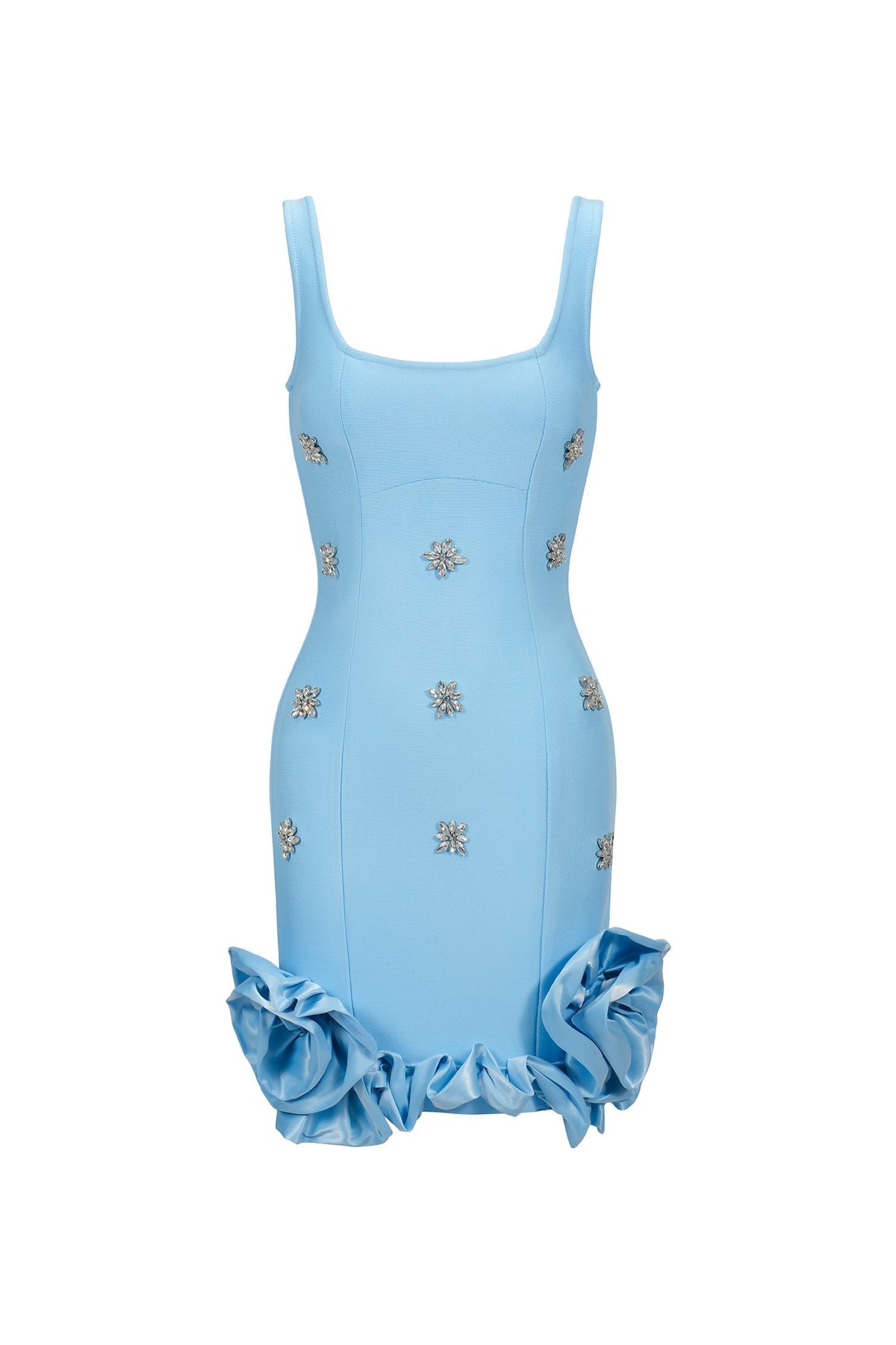Square Neck Rhinestone Floral Applique Ruffle Hem Mini Dress