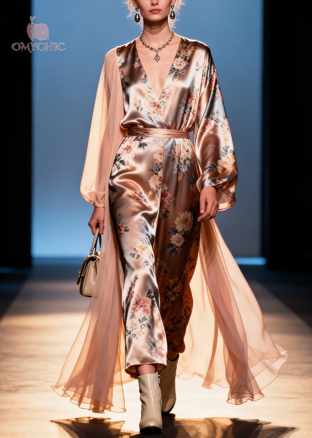 Deep V Neck Floral Satin Wrap Jumpsuit With Sheer Cape Overlay