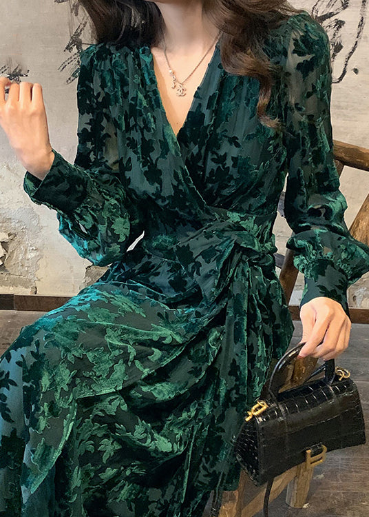 V Neck Wrap Front Velvet Burnout Floral Long Sleeve Maxi Dress