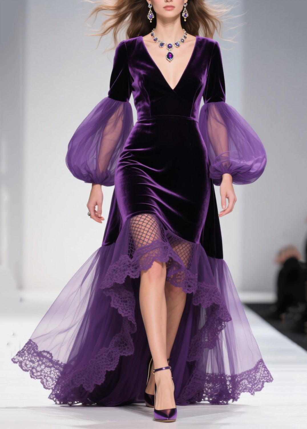 Deep V-Neck Velvet Bishop Sleeve Lace Trim High-Low Tulle Maxi Gown