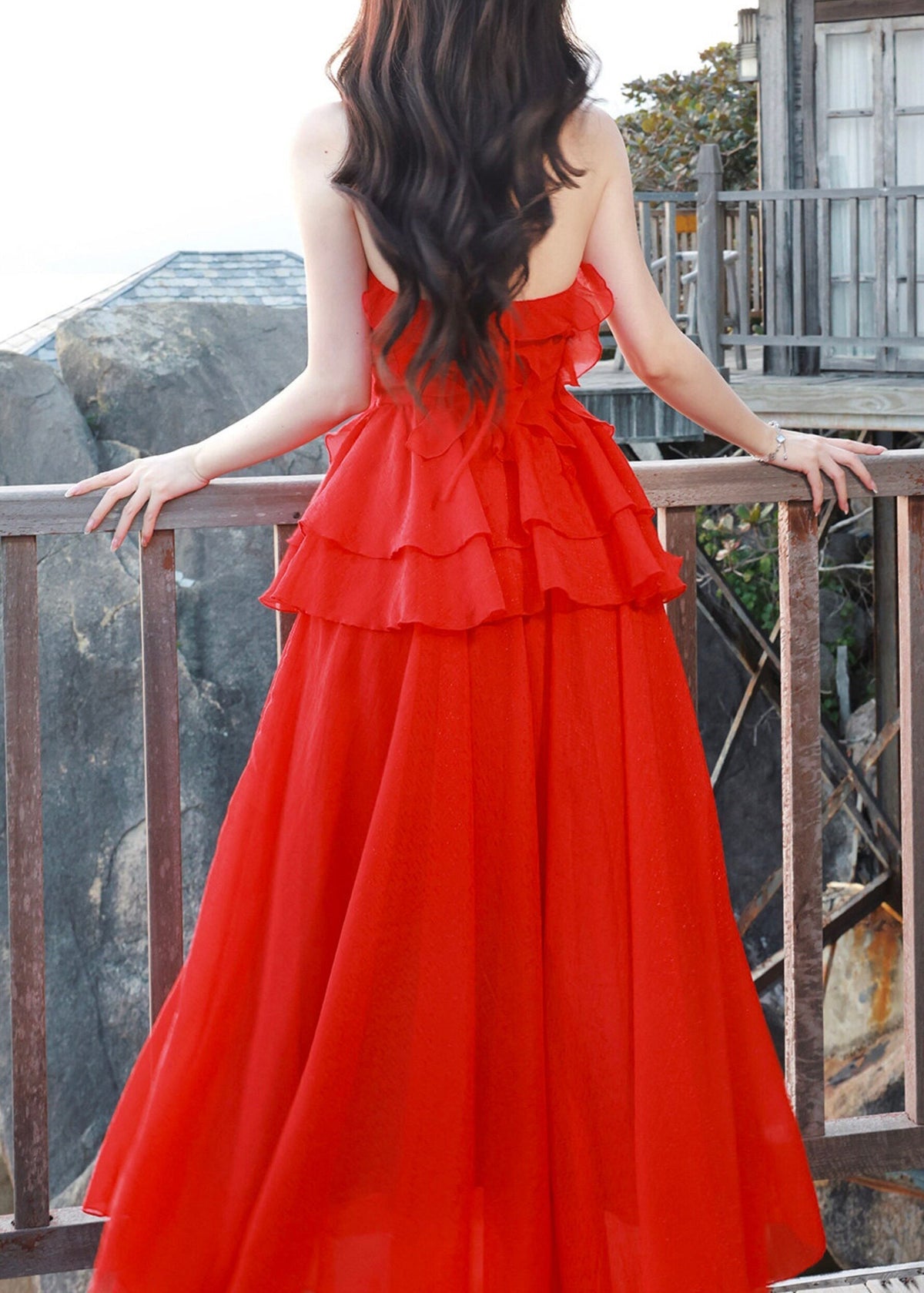 Halter Ruffle Applique Tiered Tulle Maxi Dress