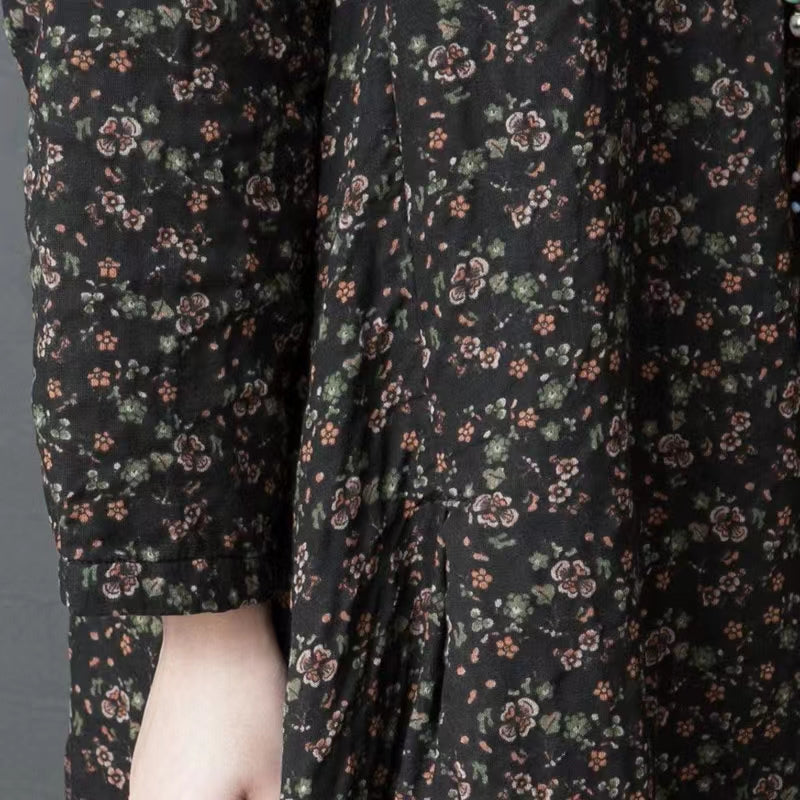 Scalloped Neck Ditsy Floral Long Sleeve A-Line Maxi Dress