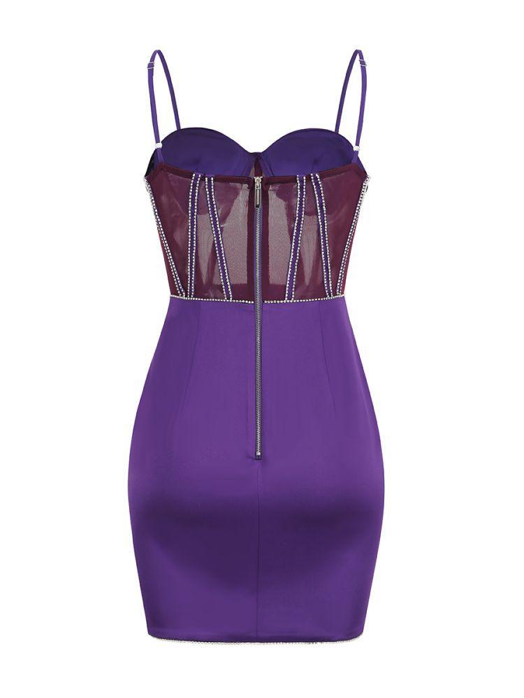 Sweetheart Rhinestone Trim Mesh Corset Spaghetti Strap Satin Mini Dress