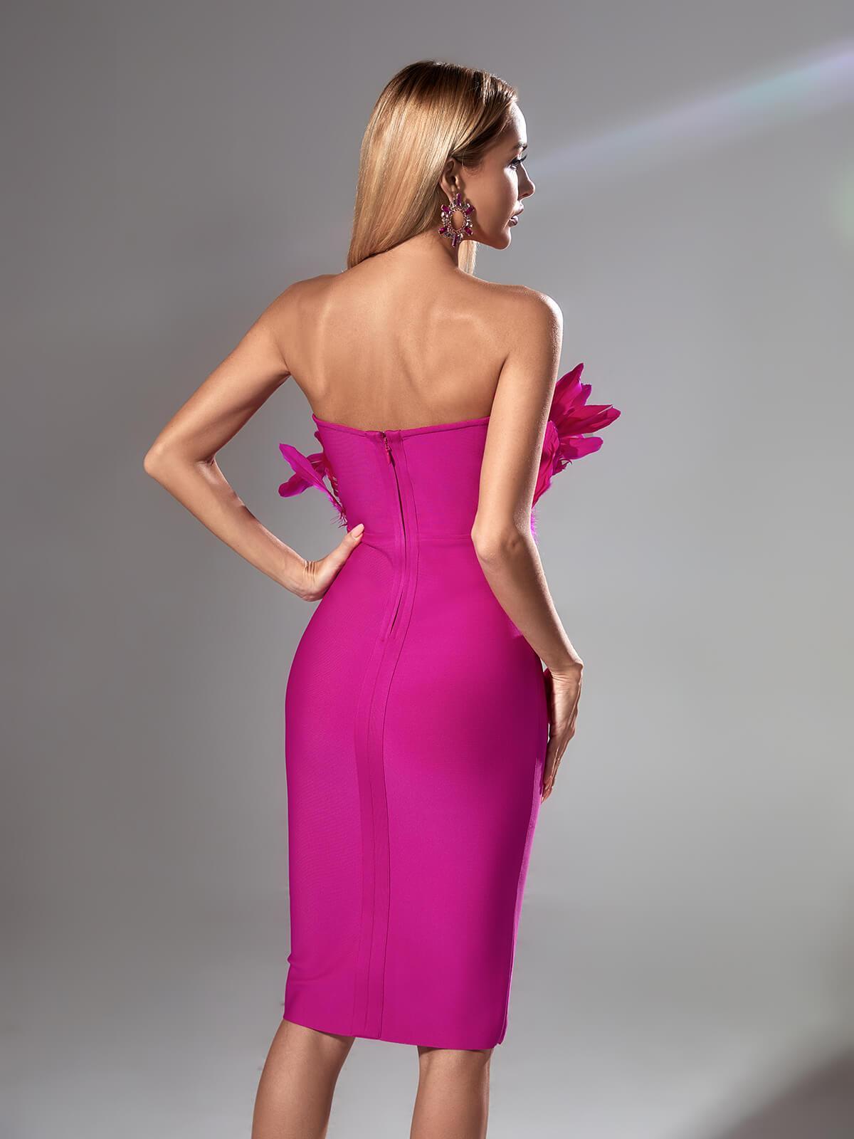 Strapless Feather Bodice Bodycon Bandage Midi Dress