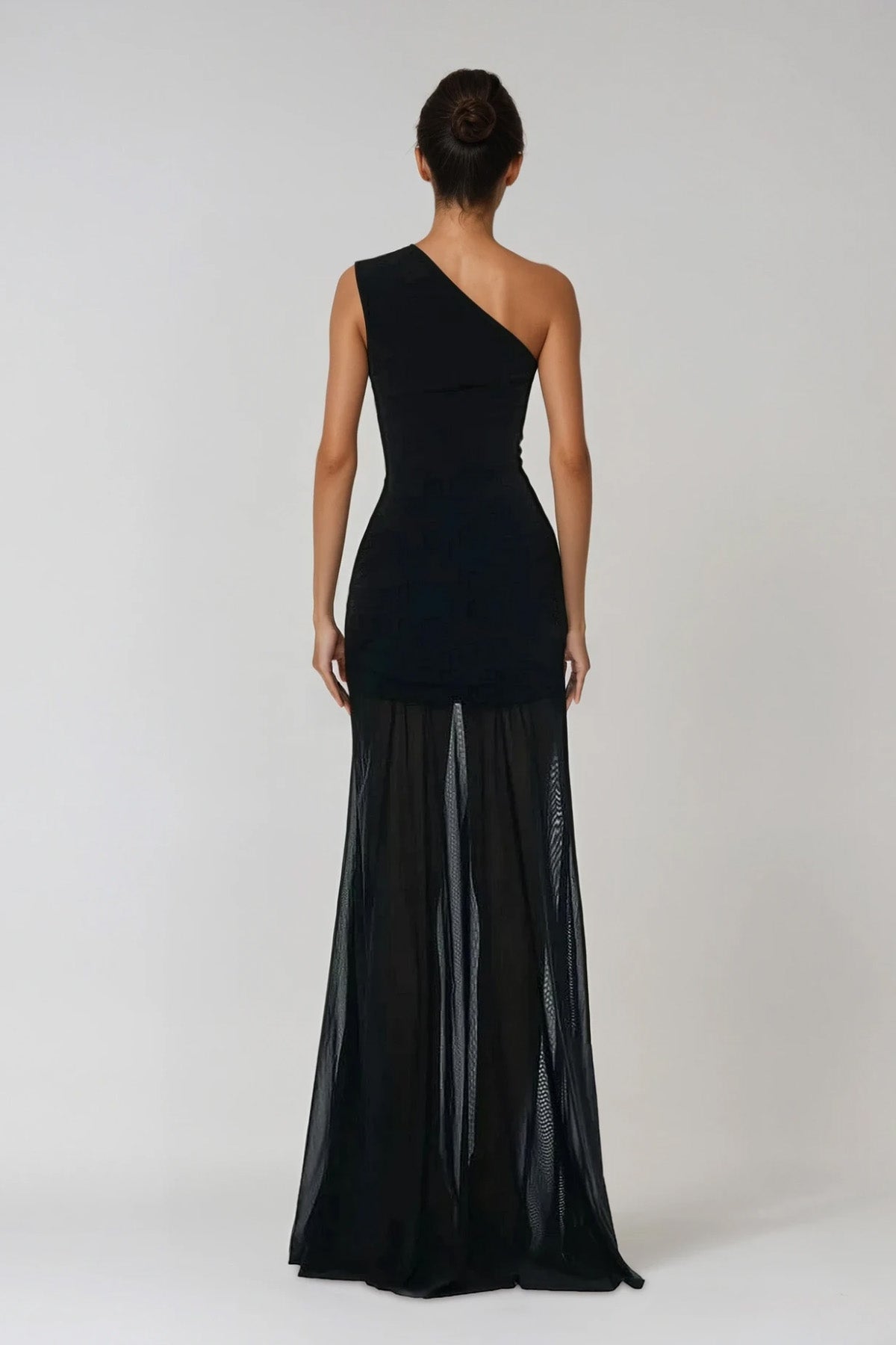 One Shoulder Waist Cutout Ruched Metal Ring Sheer Skirt Maxi Dress