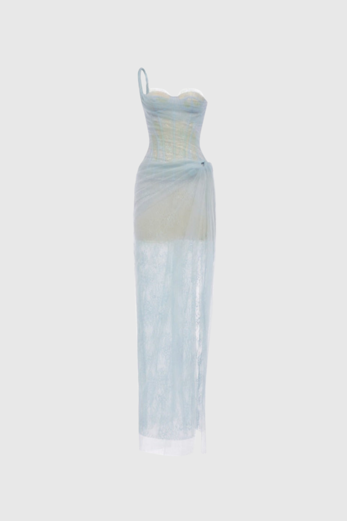 Strapless Corset Lace Mesh Draped Maxi Dress