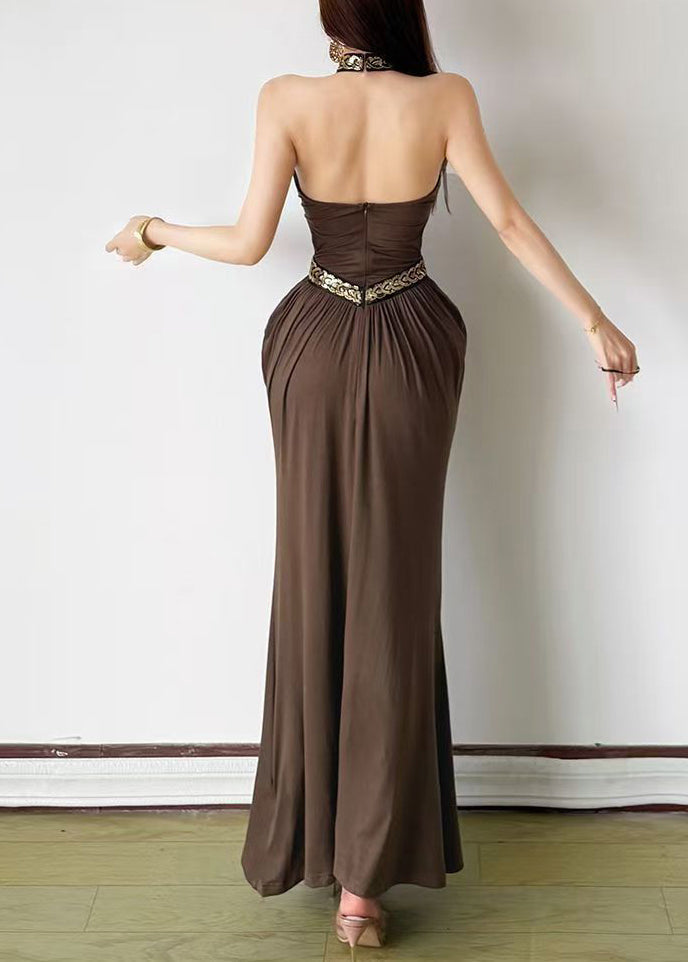 Halter Chain Collar Side Cutout Pleated Bodice Maxi Dress