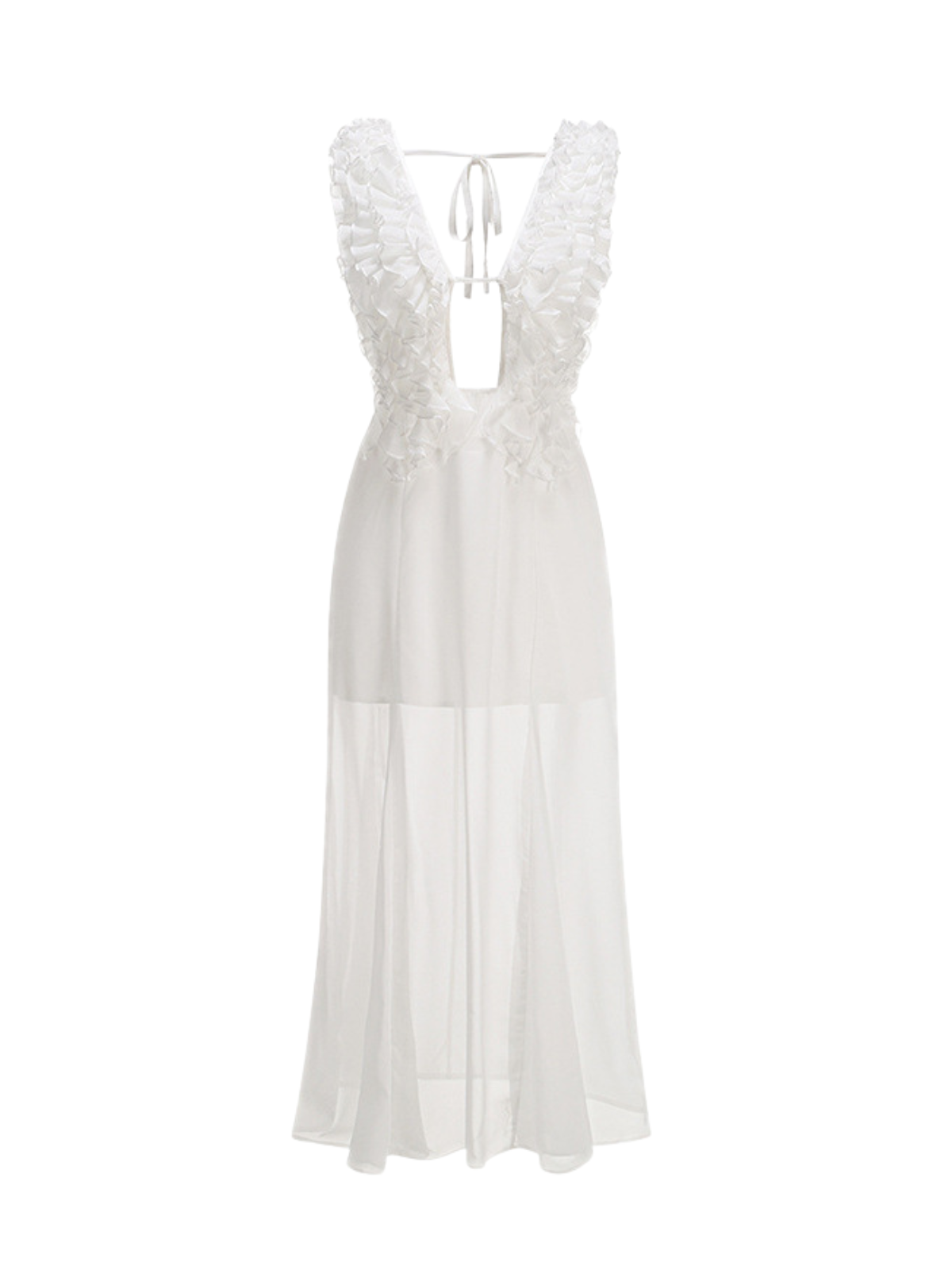 Deep V Ruffle Trim Plunge Godet Sheer Hem Midi Dress
