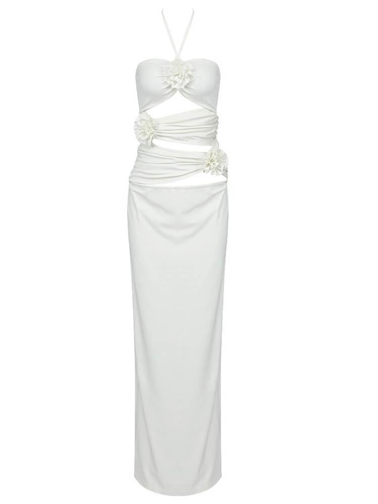 Halter Lace Up Side Cutout 3D Rosette Midi Dress