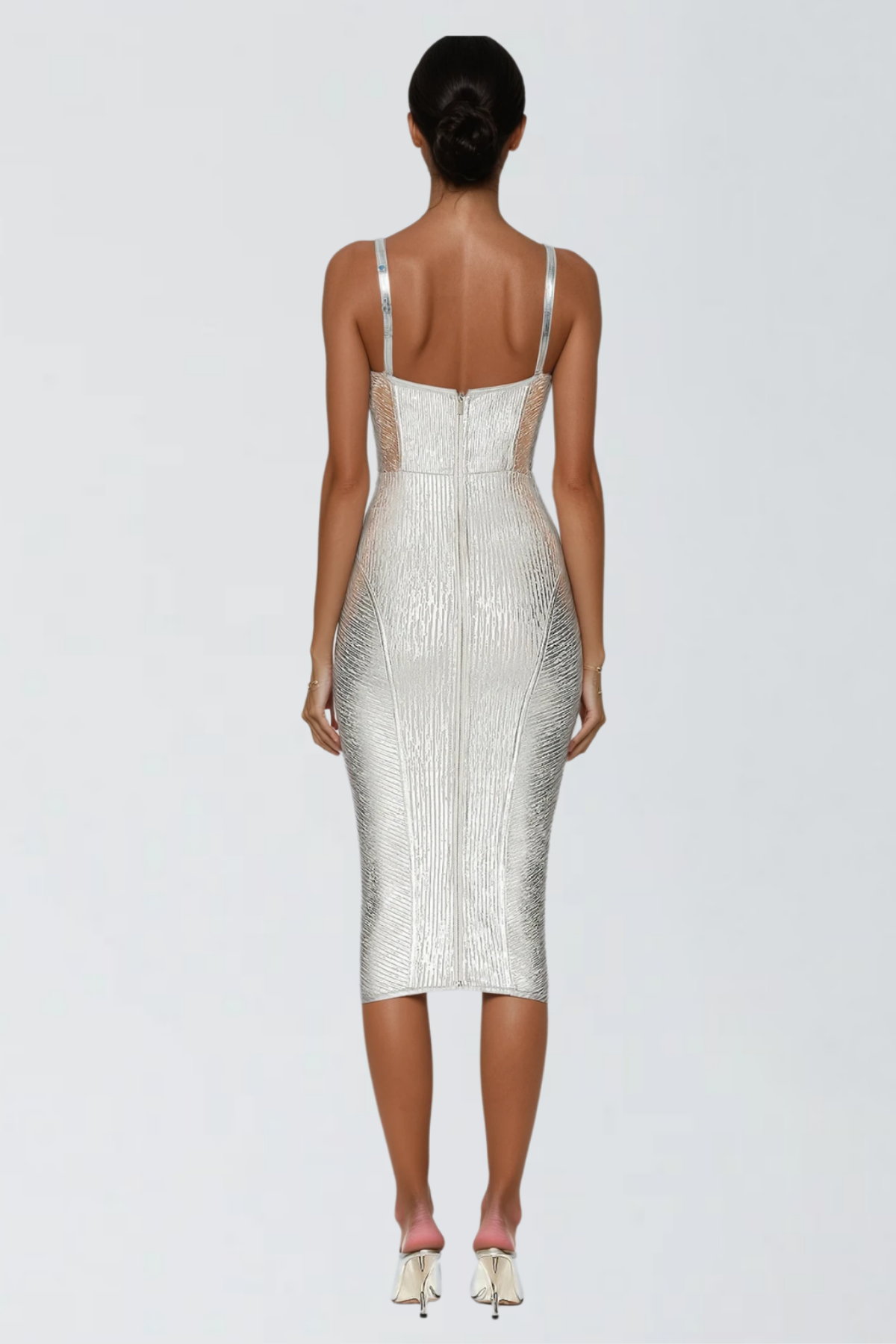 Spaghetti Strap Sweetheart Corset Basque Waist Ribbed Metallic Bandage Midi Dress