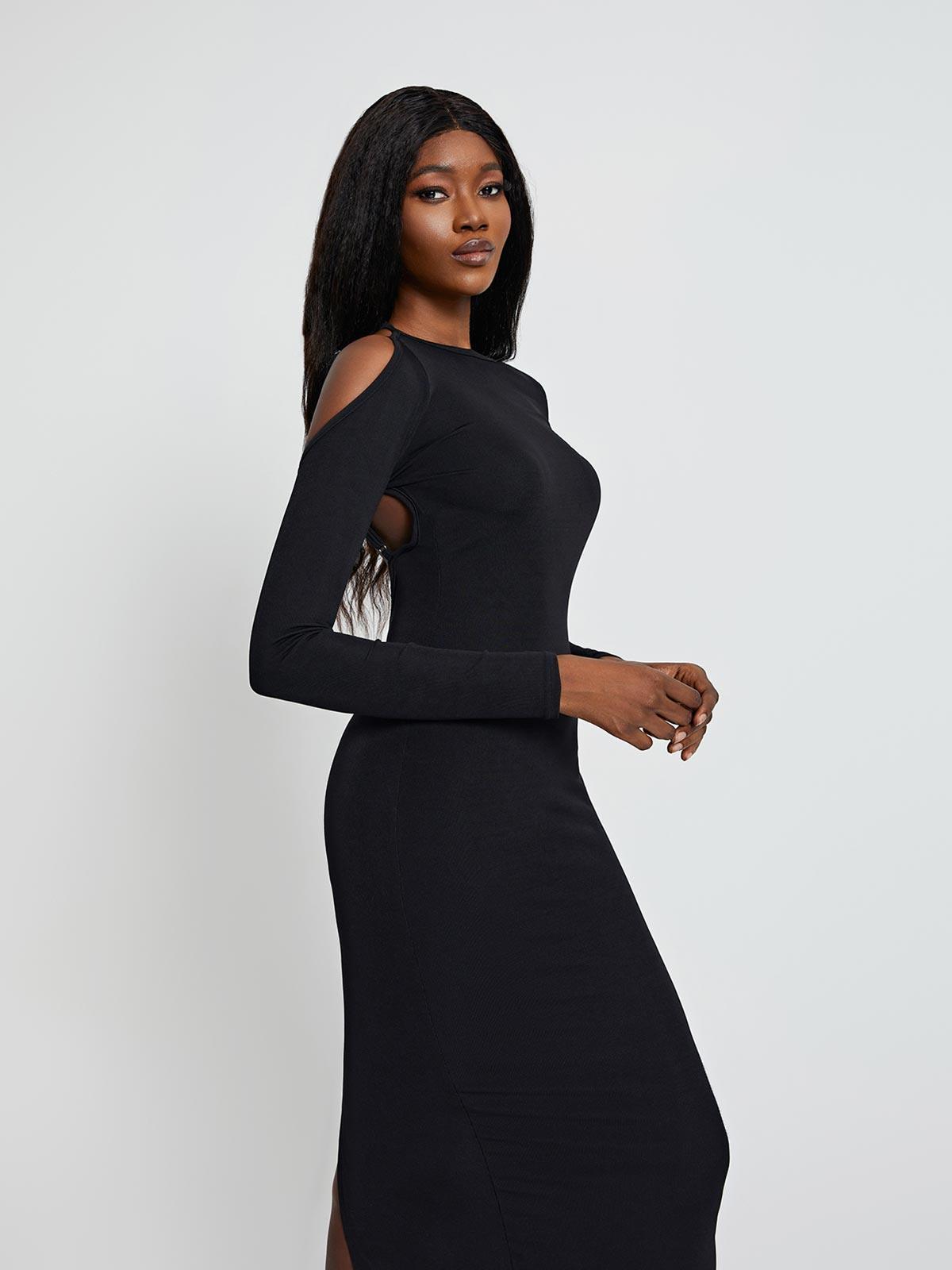 Crew Neck Long Sleeve Side Cutout High Slit Maxi Dress