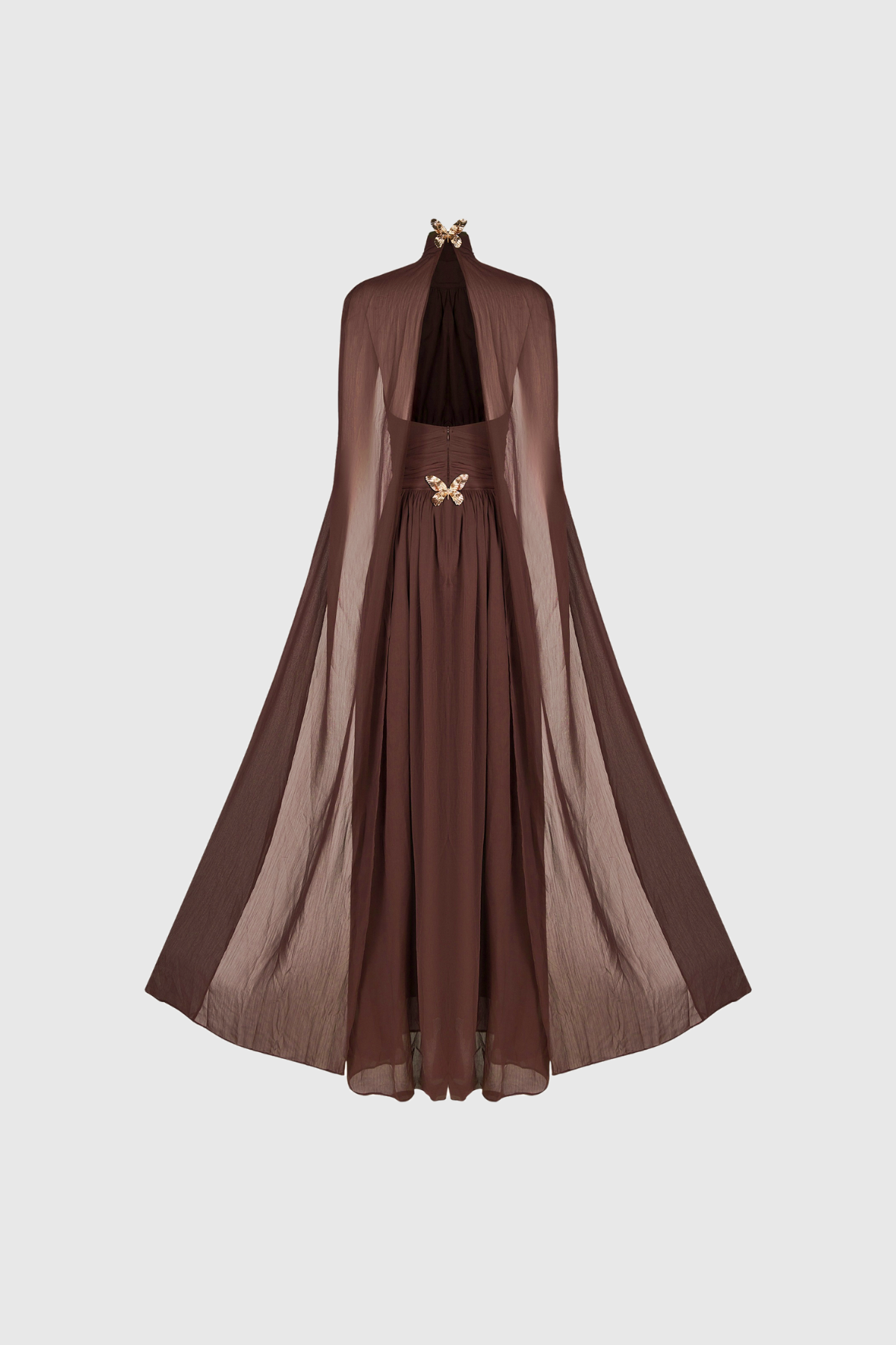Mock Neck Ruched Waist Sheer Pleated Cape Maxi Gown