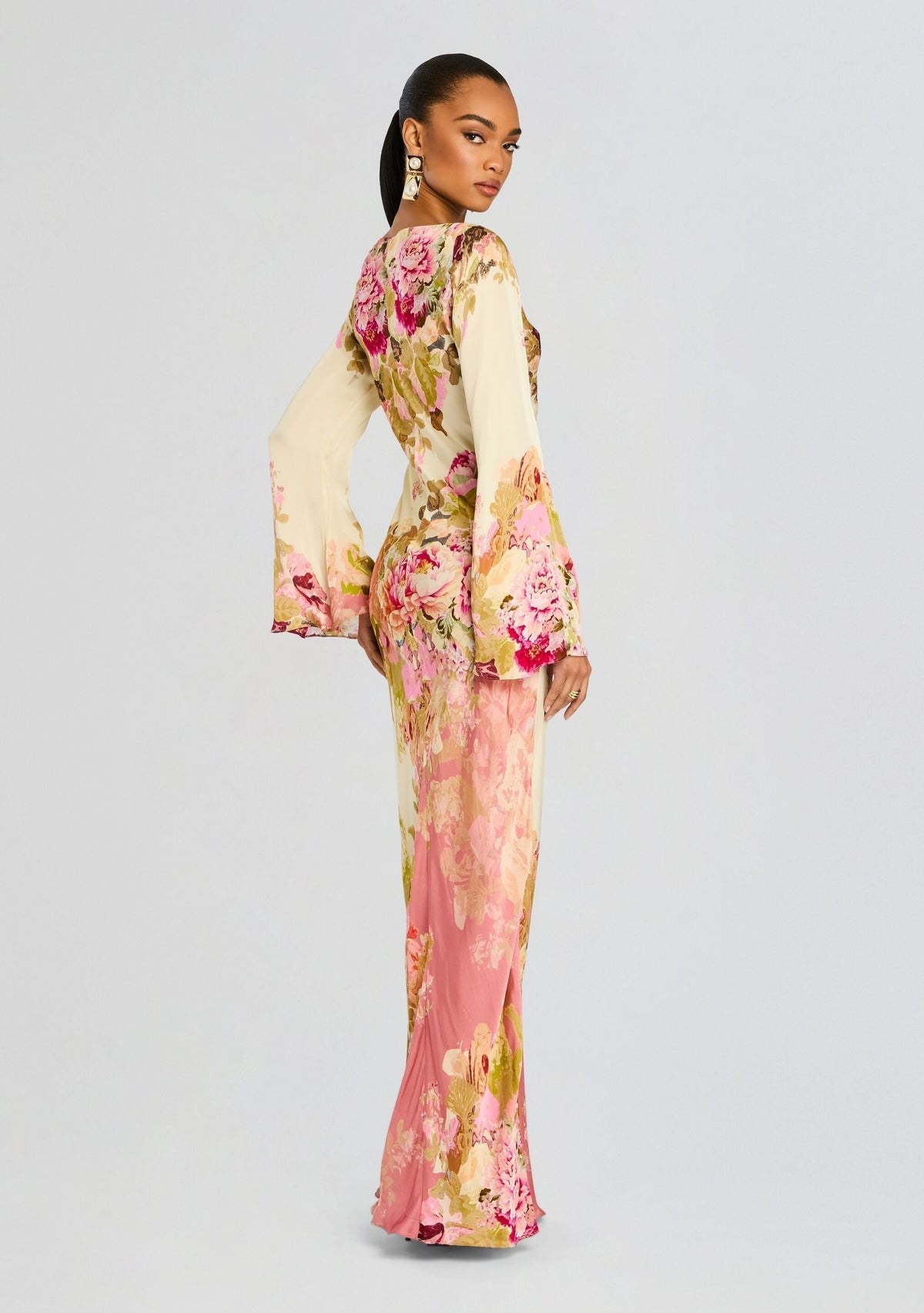 Boat Neck Floral Print Long Sleeve Bell Cuff Bodycon Maxi Dress