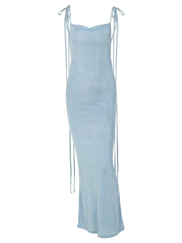 Halter Braided Strap Cowl Backless Bodycon Maxi Dress