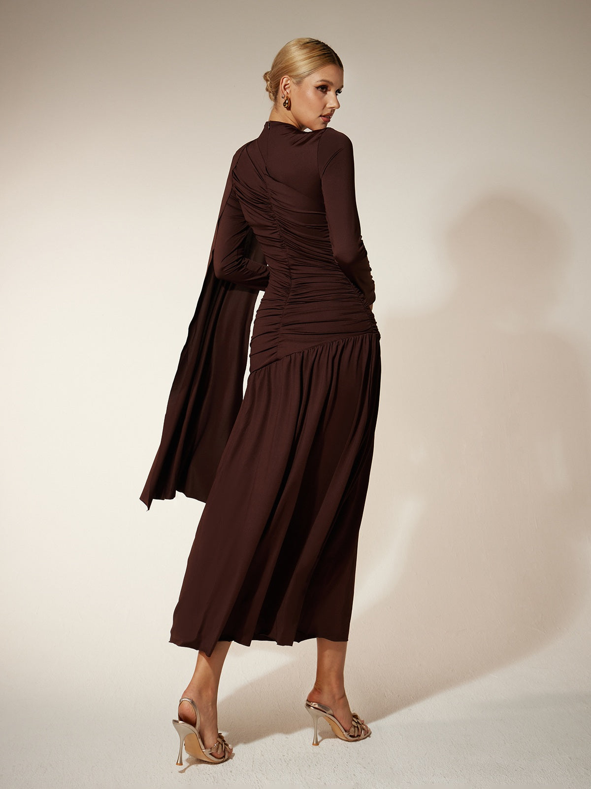 Mock Neck Long Sleeve Ruched Draped Midi Dress