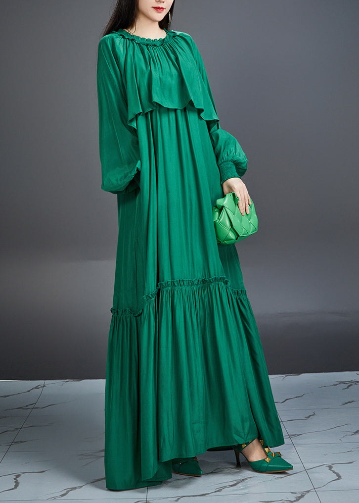 Round Neck Cape Overlay Smocked Cuff Tiered Crinkle Maxi Dress