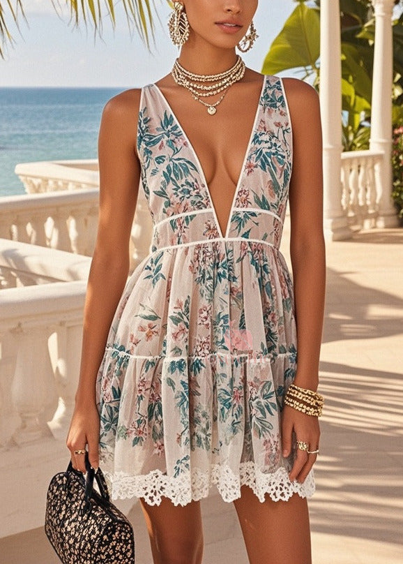 Deep V-Neck Empire Waist Floral Tiered Lace Crochet Hem Mini Dress