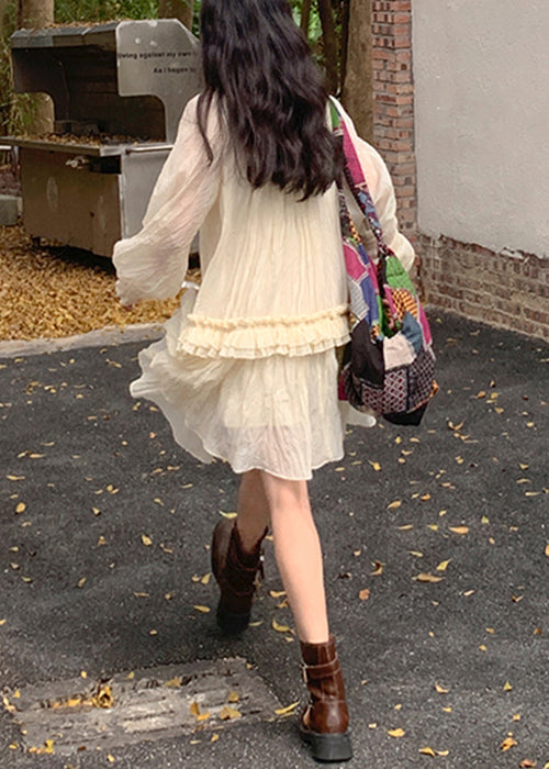 Tiered Tassel Tie Bishop Sleeve Gauze Mini Dress