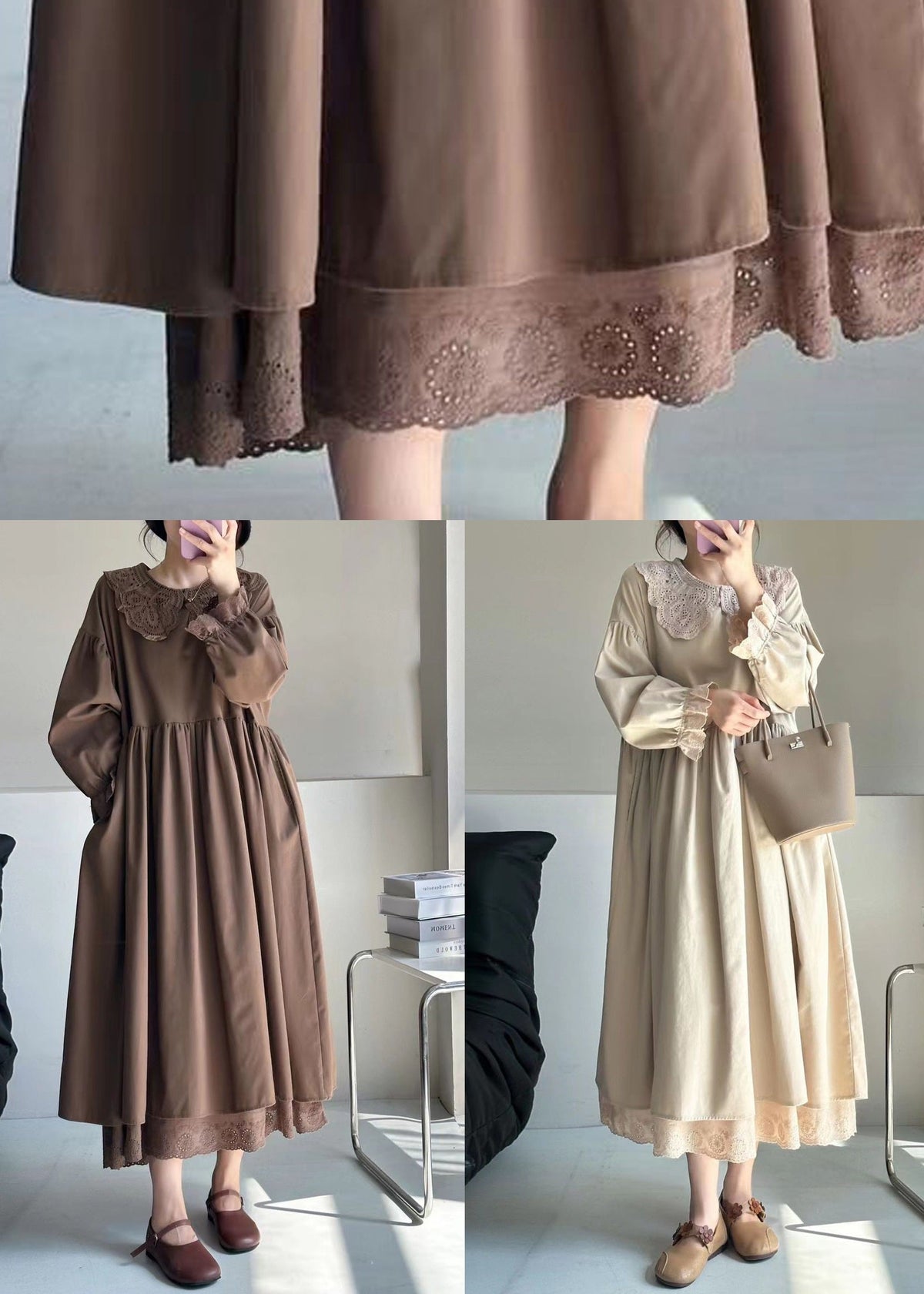 Peter Pan Lace Collar Ruffled Cuff Layered Lace Hem Midi Dress