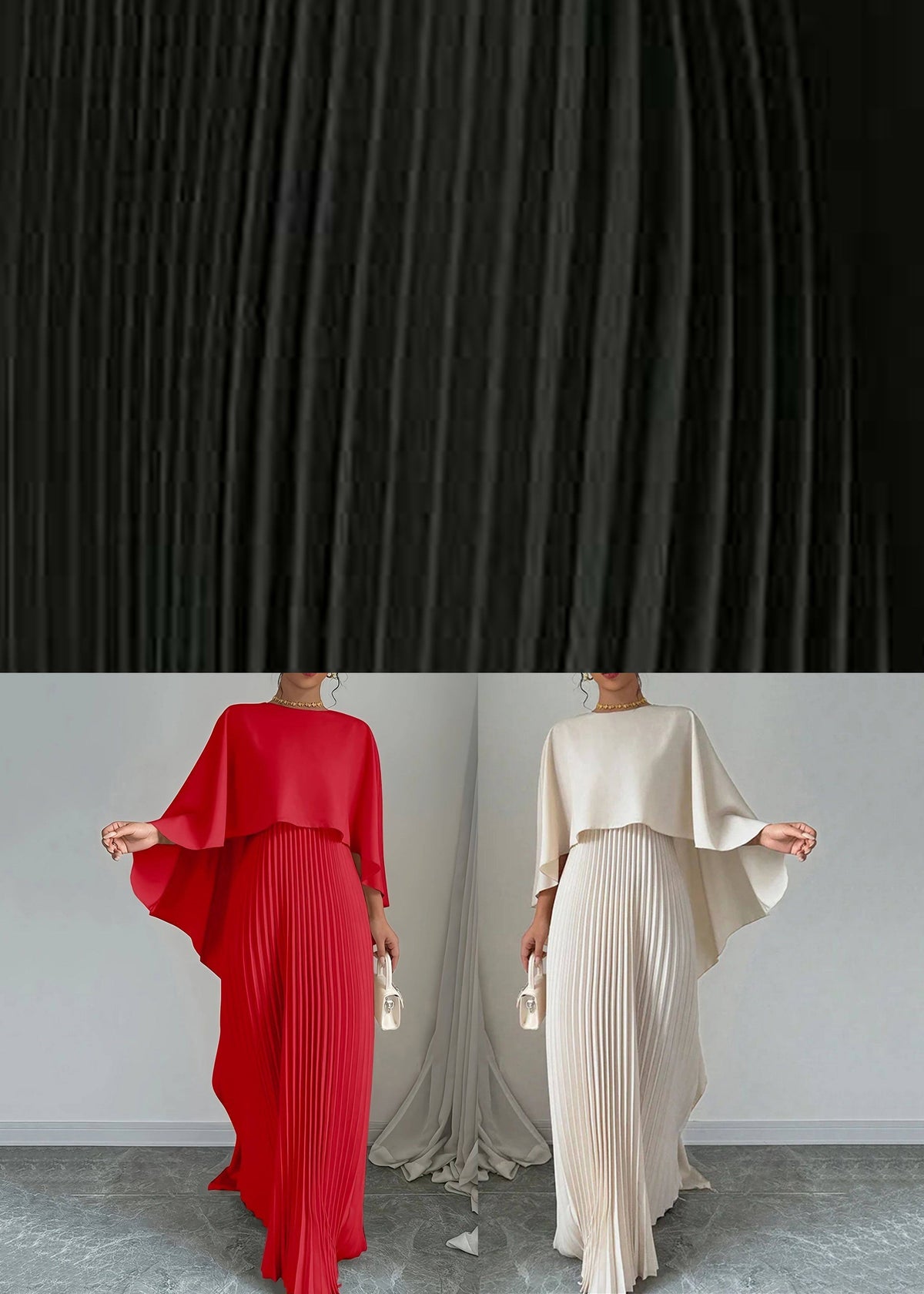 Cape Overlay Wide Sleeve Accordion Pleated Floor Length Maxi Gown