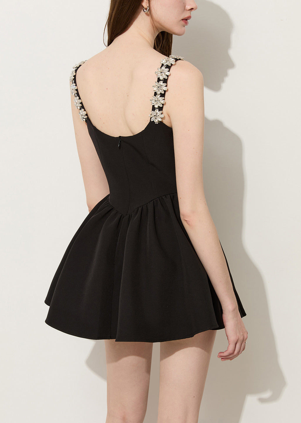 Square Neck Rhinestone Flower Strap Velvet Bow Pleated Skater Mini Dress