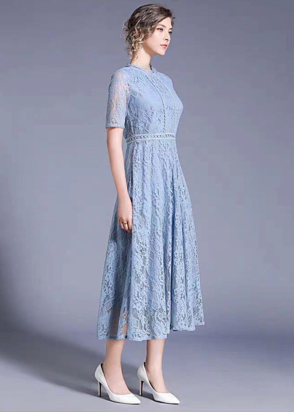 Round Neck Piped Bodice Geometric Lace Waistband Elbow Sleeve Midi Dress