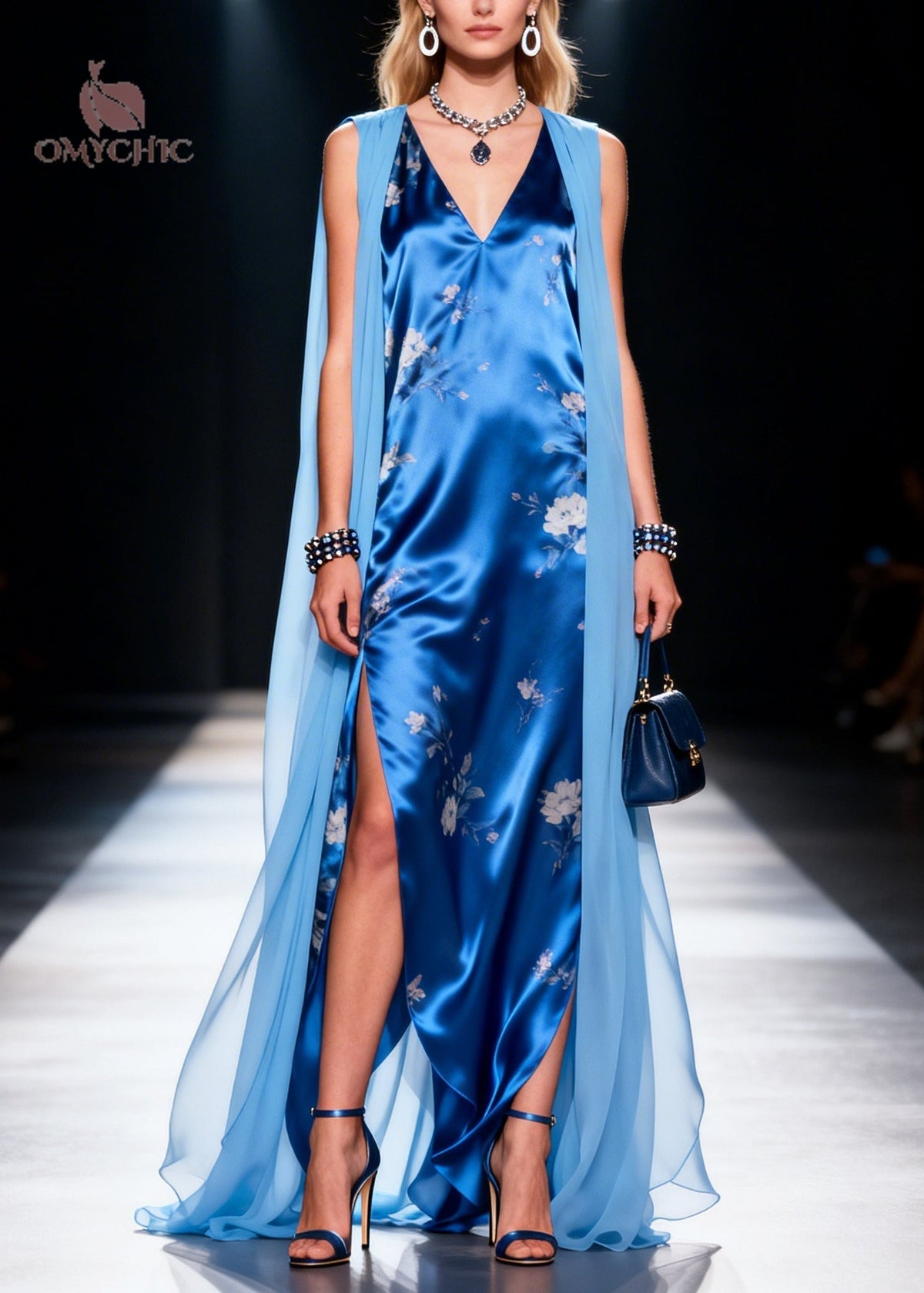 Deep V-Neck Floral Print Satin Slip High-Slit Sheer Cape Maxi Gown