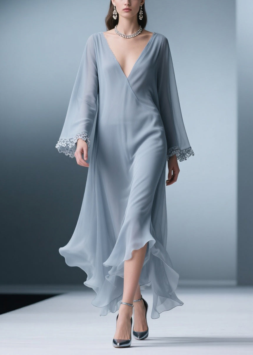 Surplice V-Neck Lace Cuff Bell Sleeve Handkerchief Hem Chiffon Midi Dress