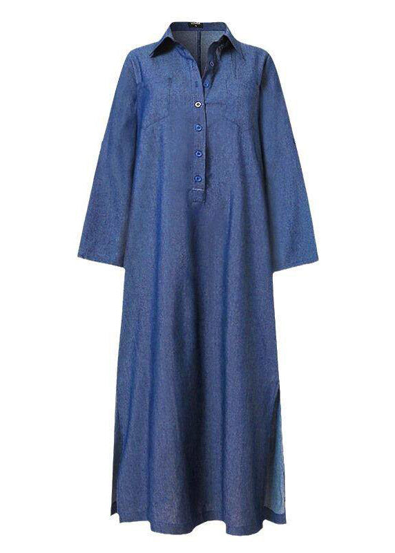 Button Front Patch Pocket Side Slit Denim Maxi Shirt Dress