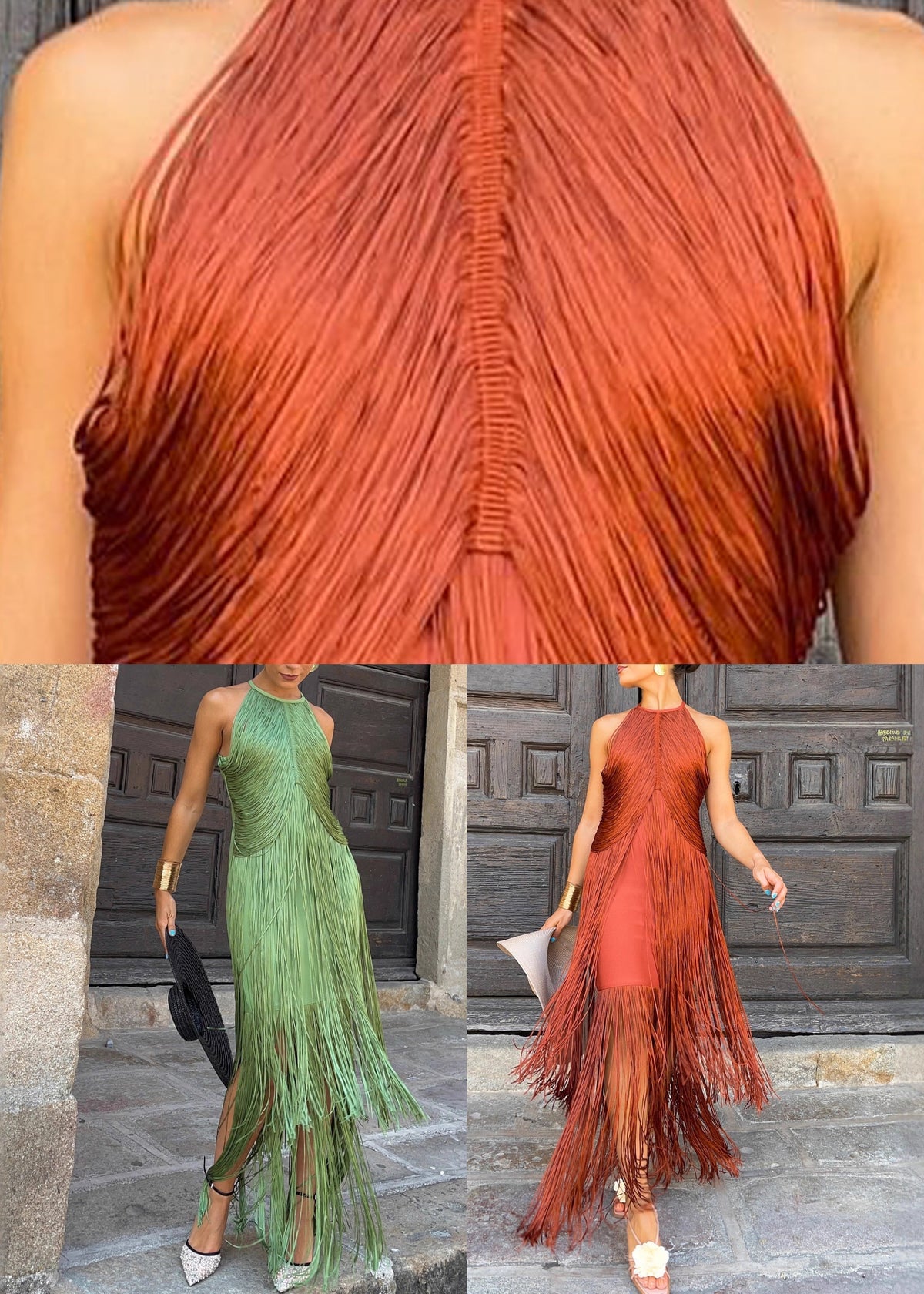 Halter Neck Tiered Fringe Tassel Overlay Bodycon Midi Dress