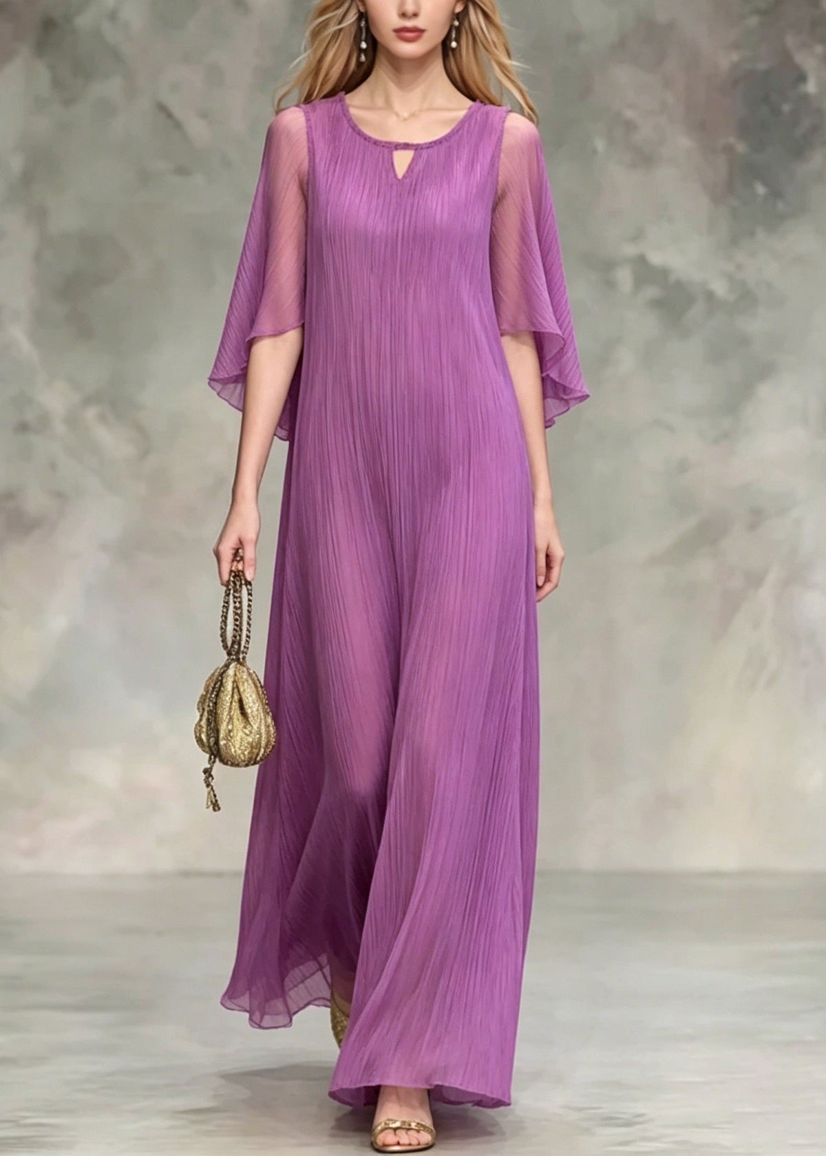 Keyhole Neck Butterfly Sleeve Pleated Plisse A-Line Floor-Length Maxi Dress