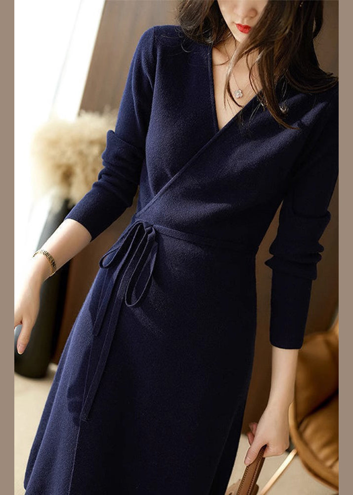 Wrap Front Long Sleeve Tie Waist Knit Midi Blazer Dress