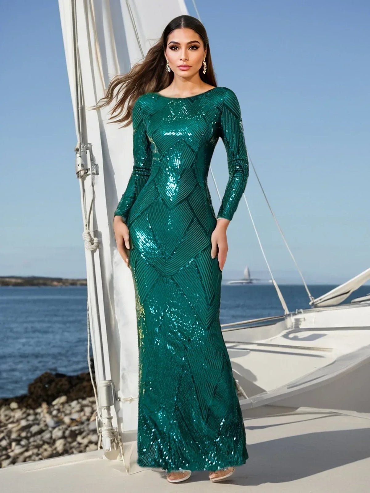 Elegant O Neck Long Sleeves Evening Prom Bodycon Dress Green Party Dress