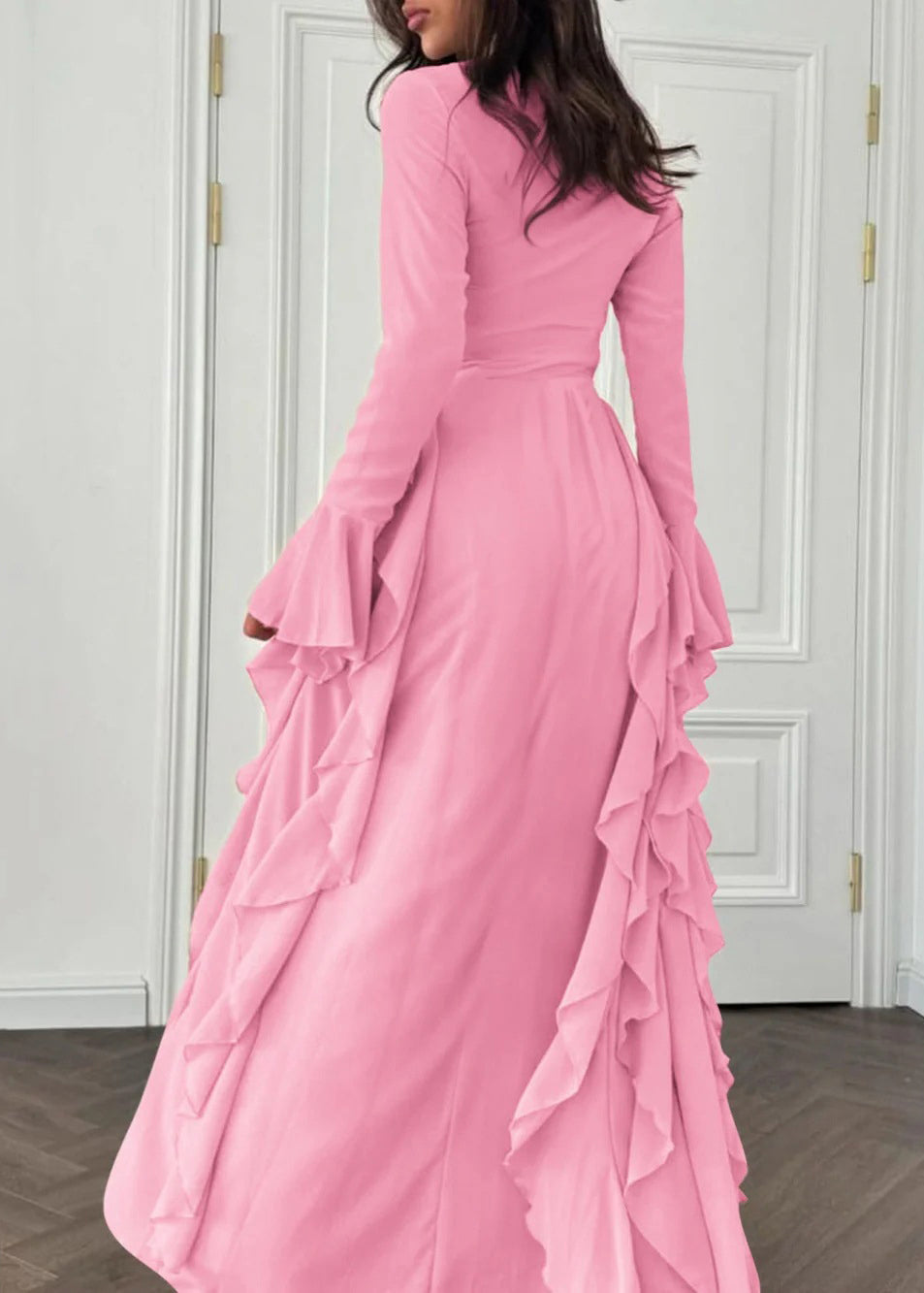 Mock Neck Flared Cuff Cascading Side Ruffle Maxi Gown