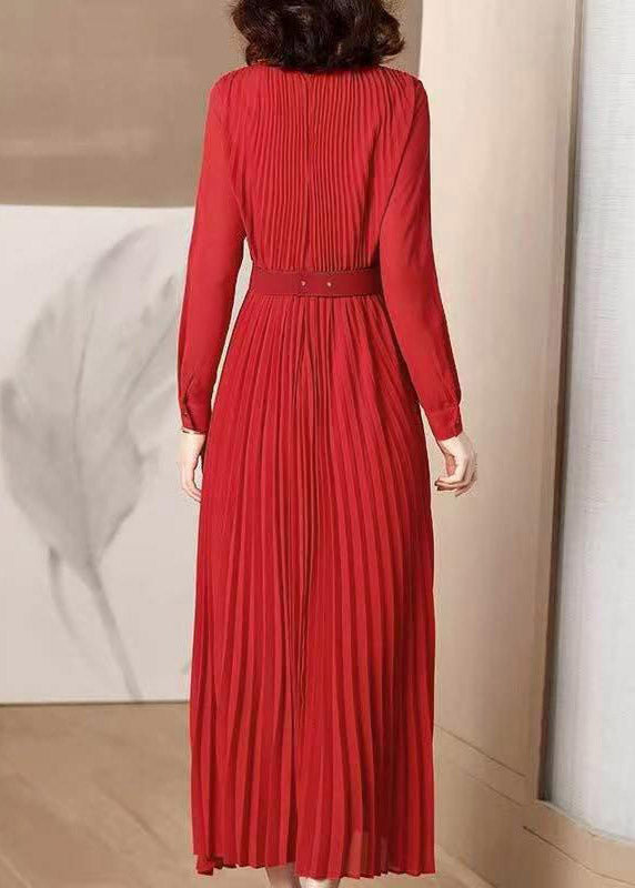 Wrap V-Neck Long Sleeve Floral Applique Belt Pleated Chiffon Midi Dress