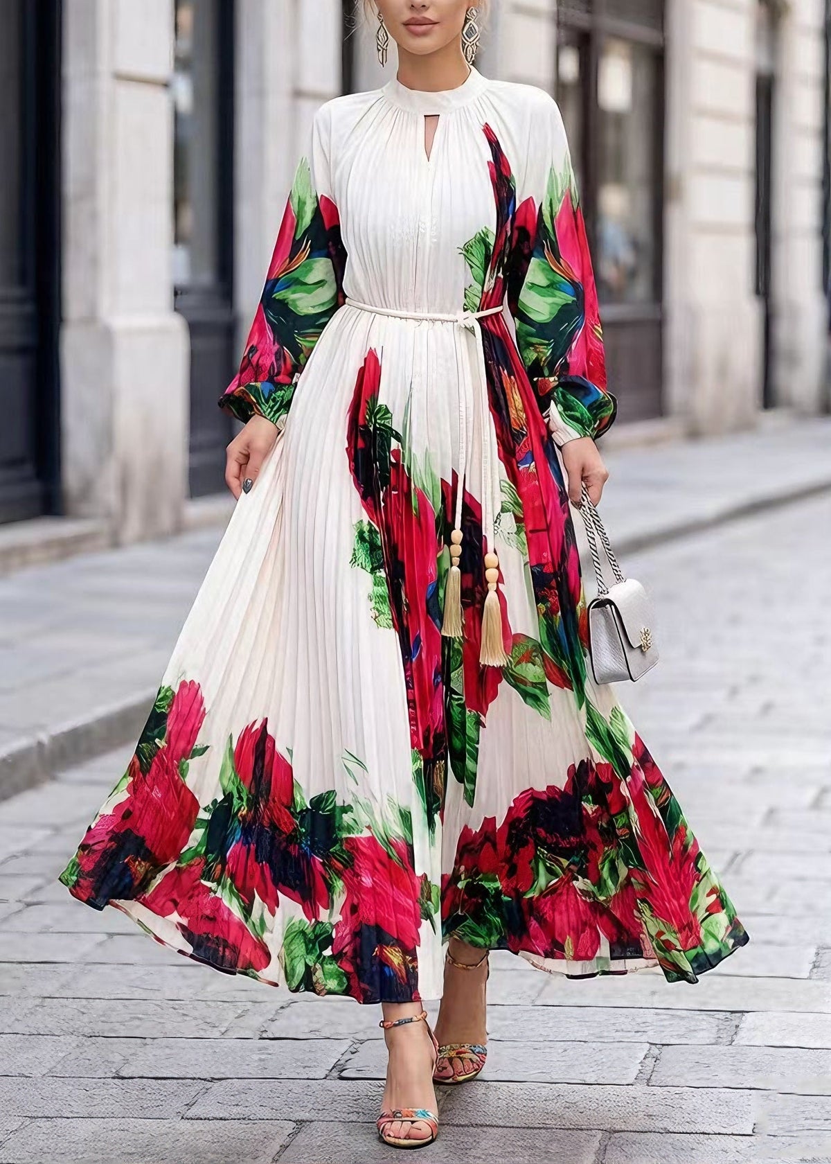 Mock Neck Keyhole Pleated Botanical Print Bishop Sleeve Maxi Dress