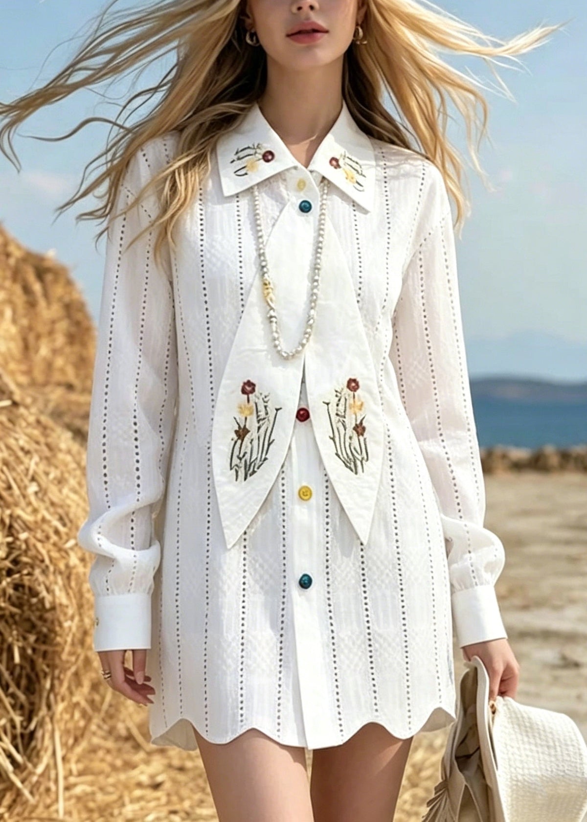 Point Collar Eyelet Stripe Button Down Scarf Hem Shirt Dress