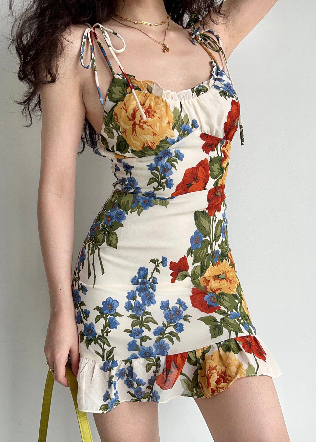 Gathered Scoop Neck Tie Shoulder Ruffle Hem Large Floral Print Mini Dress